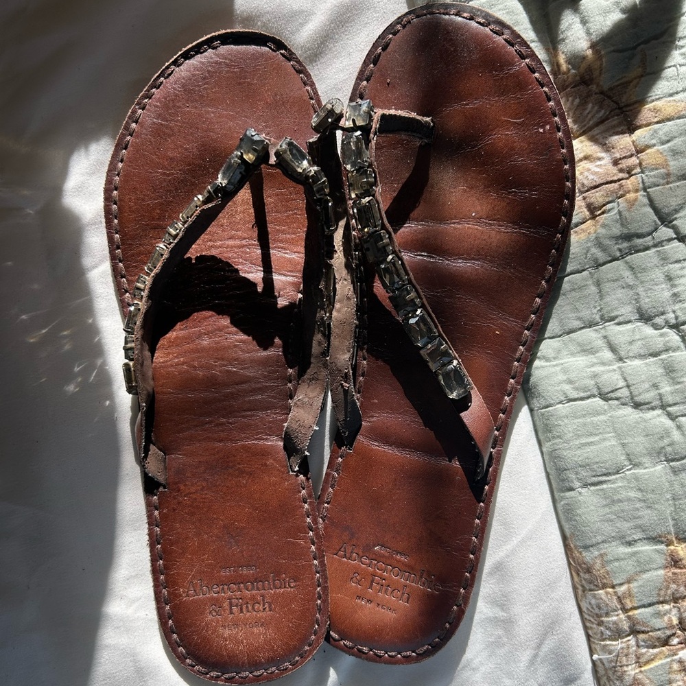 Abercrombie & Fitch Brown Leather Jeweled Thong Sandals